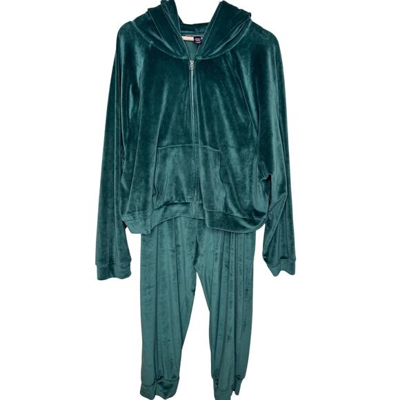 Victoria's Secret Velour Tracksuit Set Full Zip Jogger & Hoodie Teal Green